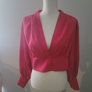 Pink, low crop top, button up,ballon sleeve blouse